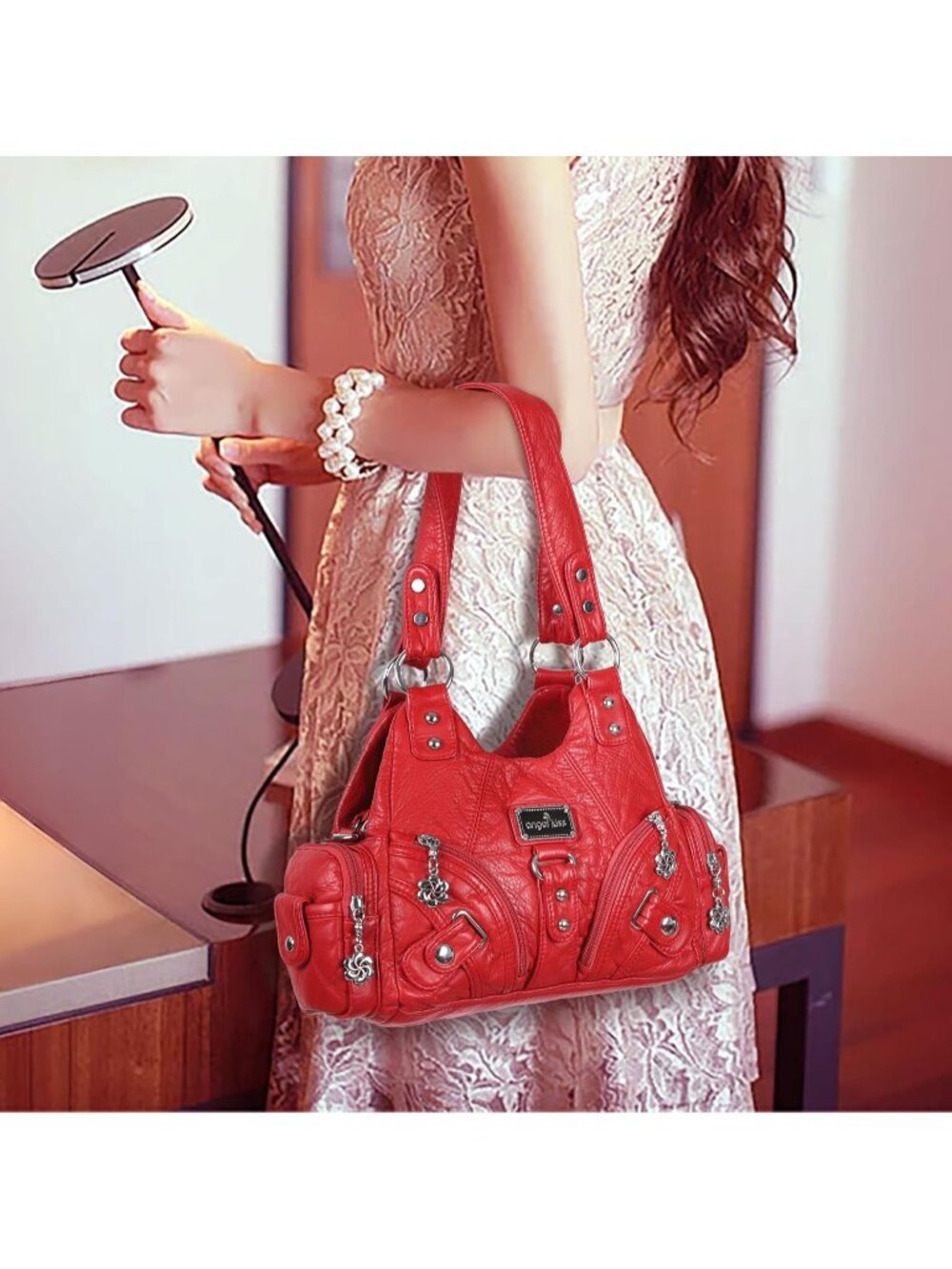 Women's Red PU leather Zipper Multi-Pocket Small Hobo Shoulder Bag - Picture 2 of 6